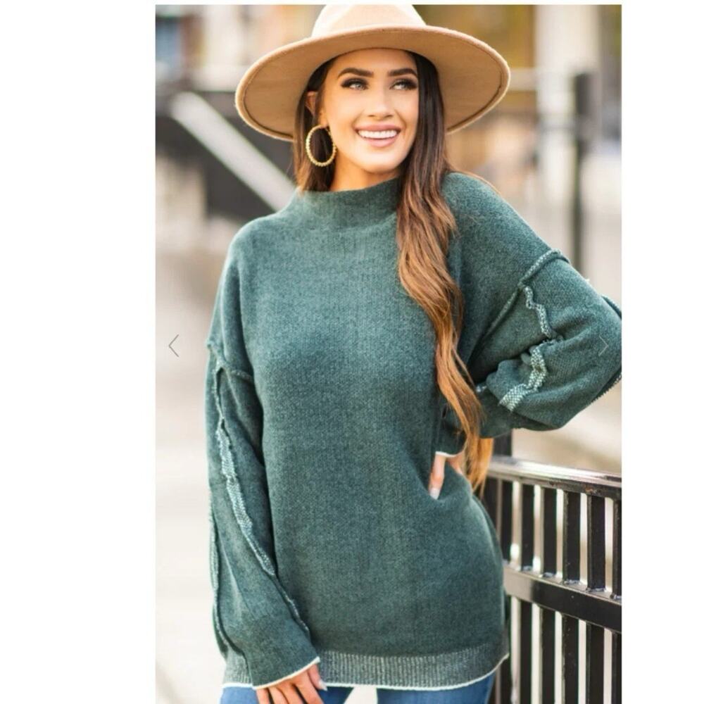 Zenana Sweater Womens Mock Neck Oversized Knit Pullover‎ Cozy Top Green XL
